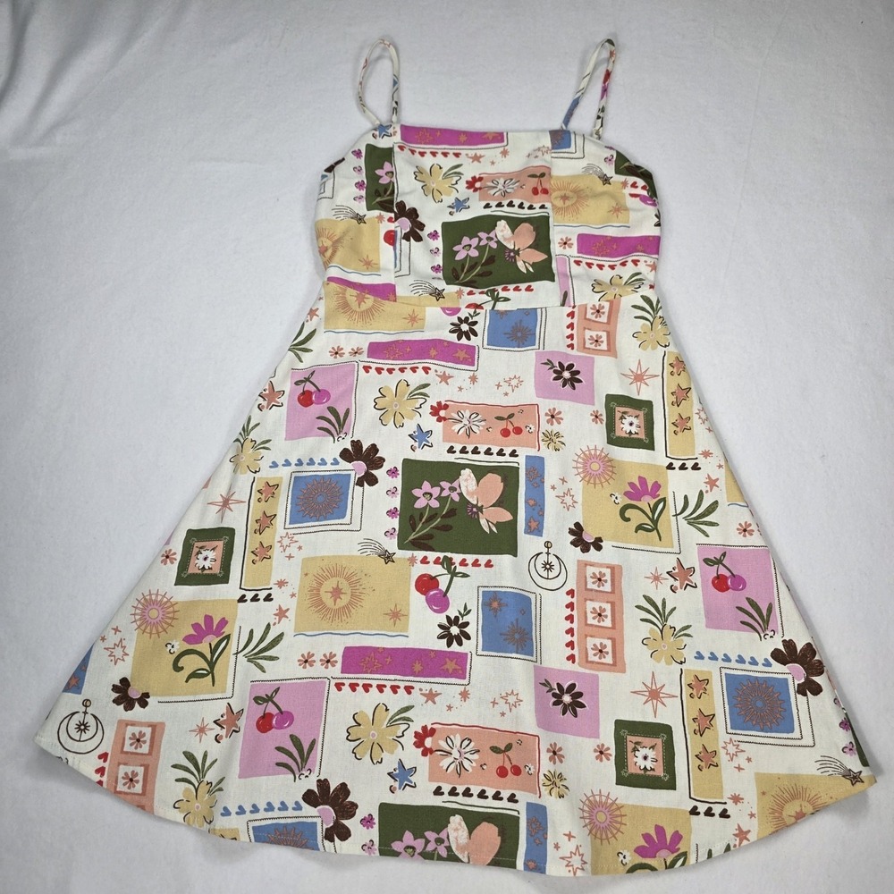 MONTEAU Linen Celestial Sun Stars Cherry Floral Print Mini Dress Women's S Boho